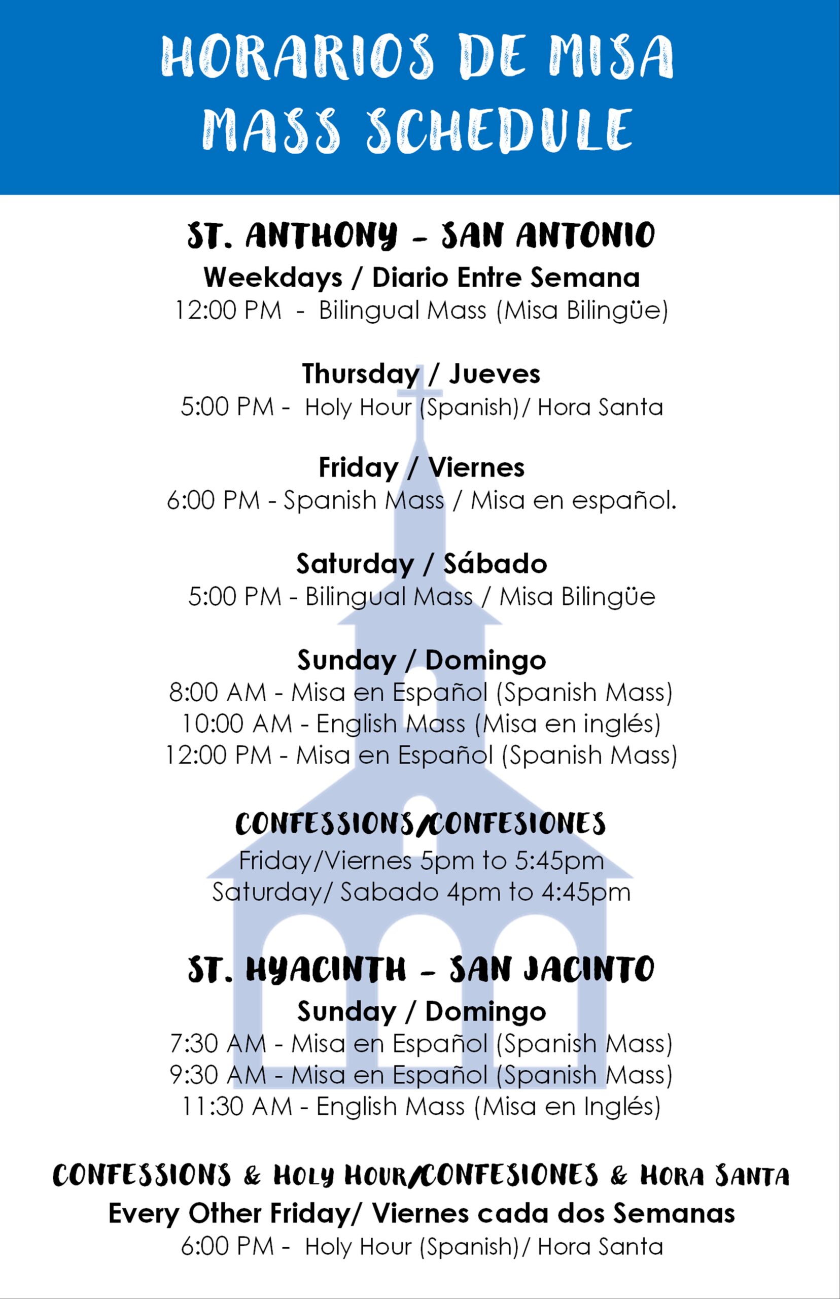 Mass Schedule St. Anthony & St. Hyacinth Catholic Parishes